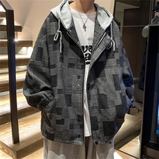 JK6007/P80秋装港风牛仔连帽格子夹克男大码外套上衣男，男装夹克，电商A141
