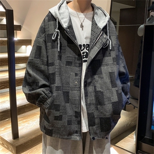 JK6007/P80秋装港风牛仔连帽格子夹克男大码外套上衣男图片