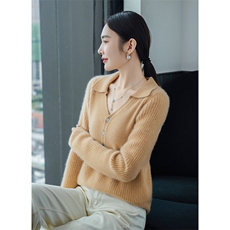 时尚优雅拼接POLO领羊绒衫显瘦百搭经典款，女装羊绒衫，百越羊绒