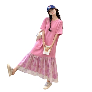 法式甜美鱼尾拼接连衣裙女夏季2025新款超好看今年流行宽松T恤裙图片
