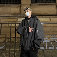高级黑灰色纹理拉链连帽假两件皮夹克男街头外套pu皮衣H207/P88，男装夹克，星座506