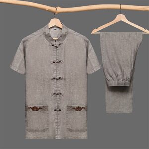 M-7XL中国风中老年唐装男短袖棉麻套装加肥大码爸爸装T002款,男装民族服装,星座802