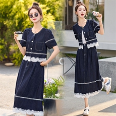 现货可推2025夏季新款时尚甜美拼接牛仔套装两件套蕾丝花边，女装套装/套裙，韩然一族