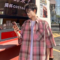 短袖衬衫男夏季新款磨毛格子衬衣DX716-特批26无差价，男装T恤，星座214-3