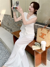 白色设计感蕾丝拼接马甲套装女2025夏季新款韩系休闲阔腿裤两件套，女装套装/套裙，慧尚2-185