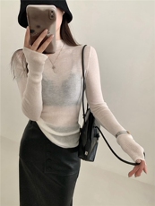 2025年秋季女套头珠片纱小立领修身长袖打底衫，女装针织衫/毛衣，缘满羊绒