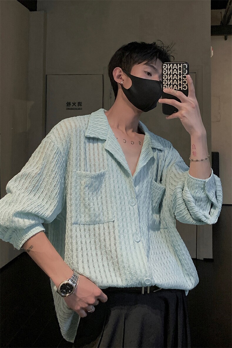 针织镂空长袖衬衫C6056-TP4068皮肤衣防晒休闲透气轻薄外套,男装衬衫,电商A102