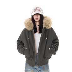 现货重磅boxy短款棉衣座山雕大毛毛领男女棉服水洗工装厚外套，男装棉衣，电商A486-1