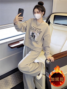 时尚休闲运动套装女秋冬洋气减龄宽松圆领印花卫衣阔腿长裤两件套图片