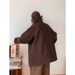 复古简约毛呢大衣秋冬日系潮牌宽松美拉德中长款外套男F038-P75图片
