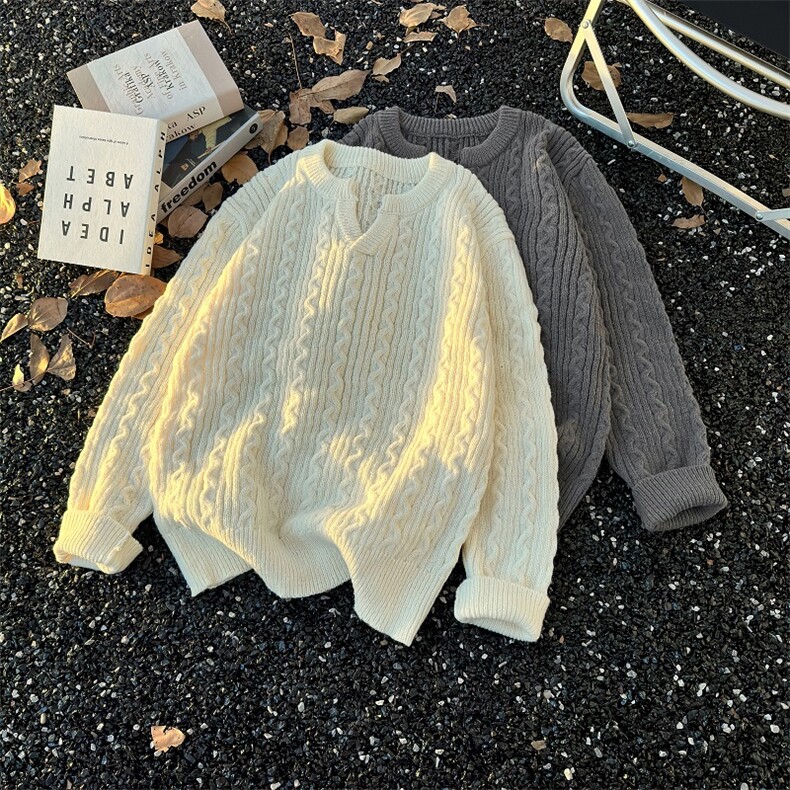 港风秋款男小V领毛衣麻花针织衫宽松线衣外套M992P45，男装针织衫/毛衣，星座1013-1