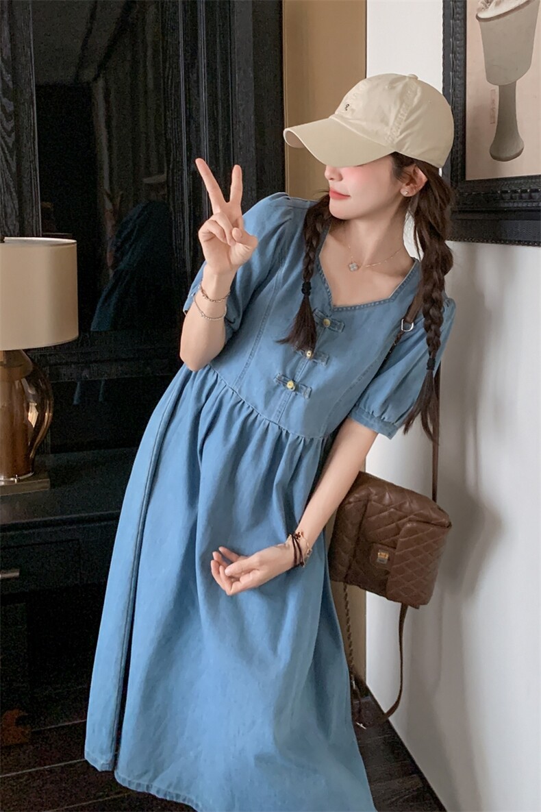 现货泡泡袖新中式牛仔连衣裙C258-2593-P130K188,女装连衣裙,2C258