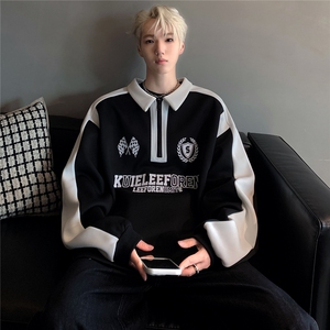 撞色拼接半拉链卫衣男秋季美式翻领polo衫情侣外套W83-P58图片