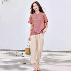 长期现货2026夏装新款时尚两件套装女提花新中式衬衫T小脚腿裤女图片