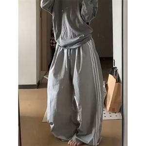 垂感高腰运动休闲裤女秋冬新款小众设计感宽松条纹抽绳裤 KA8028图片