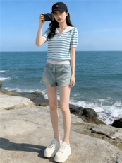 时尚简约套装女夏季新款洋气减龄蓝色翻领条纹上衣牛仔短裤两件套，女装套装/套裙，江南