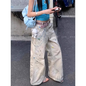 牛仔裤女宽松直筒裤子春夏新款设计感涂鸦印花长裤设计感拖地裤薄图片