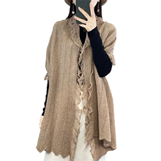 2024年秋季简约时尚纯色抽条流苏羊毛披肩，女装羊毛衫，羿纯羊绒