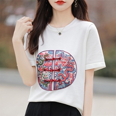 新中式刺绣短袖T恤女夏季圆领套头宽松显瘦百搭盘扣潮上衣，女装针织衫/毛衣，萱芳婷羊绒