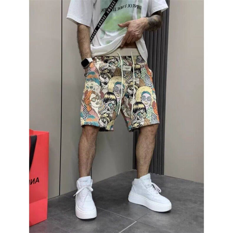 潮牌复古印花短裤夏季轻奢宽松百搭休闲潮流运动五分沙滩满印,男装休闲裤,星座506A