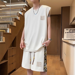 休闲运动套装潮流夏季刺绣五分裤套装男拼接背心A266-TZ1107-P43图片