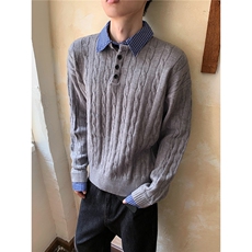 假两件拼接麻花针织毛衣男cleanfit宽松老钱风百搭上衣MZ909-P60，男装针织衫/毛衣，星座412-3