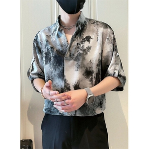 新中式风衬衫男短袖休闲痞帅水墨扎染衬衣男士夏装上衣 CA683图片