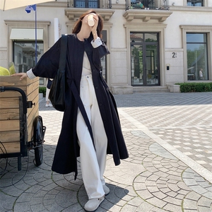 高级感撞色拼接黑色长款风衣外套女春秋2025新款收腰显瘦大衣流行图片