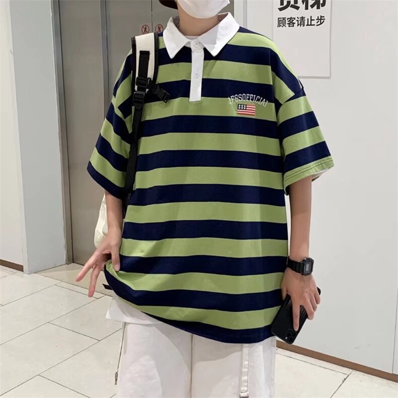 韩版polo衫男条纹帅气2023夏季新款ins宽松百搭日系衬衫W2778-P30,男装Polo衫,星座412-3
