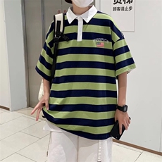 韩版polo衫男条纹帅气2023夏季新款ins宽松百搭日系衬衫W2778-P30，男装Polo衫，星座412-3