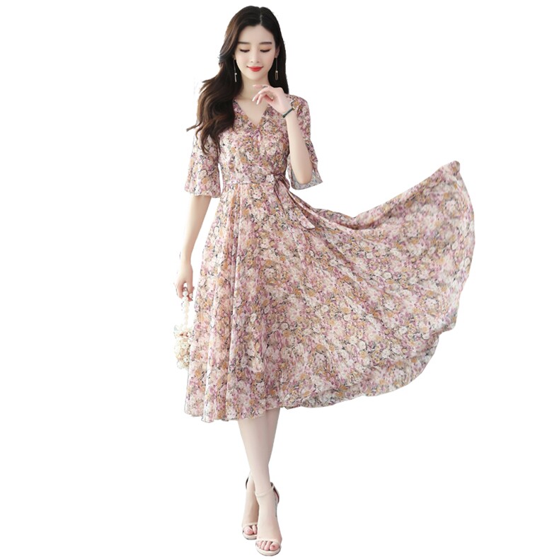 碎花雪纺连衣裙女中长款2025夏季新款韩版收腰显瘦气质小清新夏裙，女装连衣裙，星宇服饰