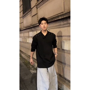 美式翻领polo长袖卫衣不规则解构领长袖T上衣外套504-T551-特P26图片