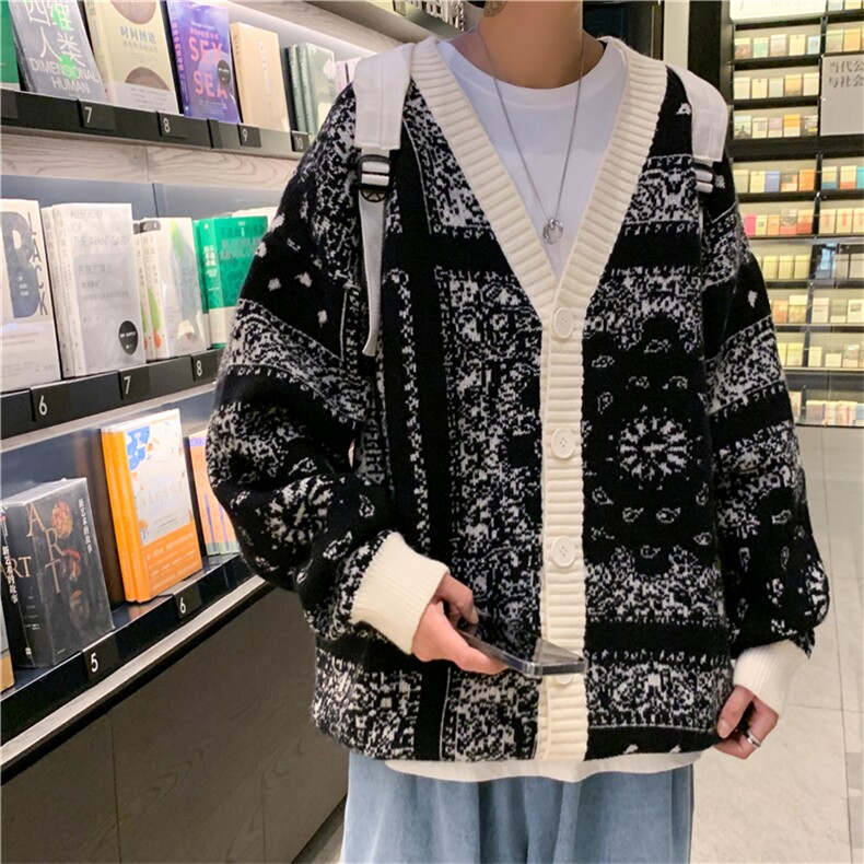 开衫毛衣男春秋潮牌ins韩版腰果花针织衫痞帅宽松外套MY9016-P50图片