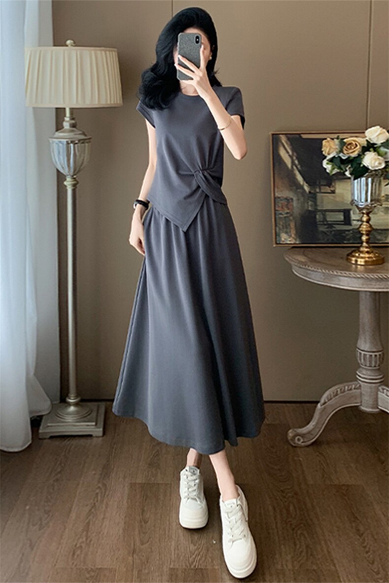 韩版女夏季新款时尚洋气套装裙圆领不规则短袖上衣半身裙两件套潮,女装套装/套裙,2C310