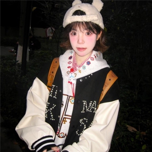美式拼接撞色钉珠皮袖棒球服男春秋高街潮牌宽松百搭休闲夹克外套图片