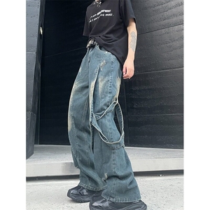 穿搭高级感男设计感小众拼接复古做旧牛仔裤直筒休闲长裤 N1108图片