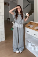 灰色休闲蕾丝拼接卫衣套装女夏季新款超火一整套减龄阔腿裤两件套，女装套装/套裙，2C258