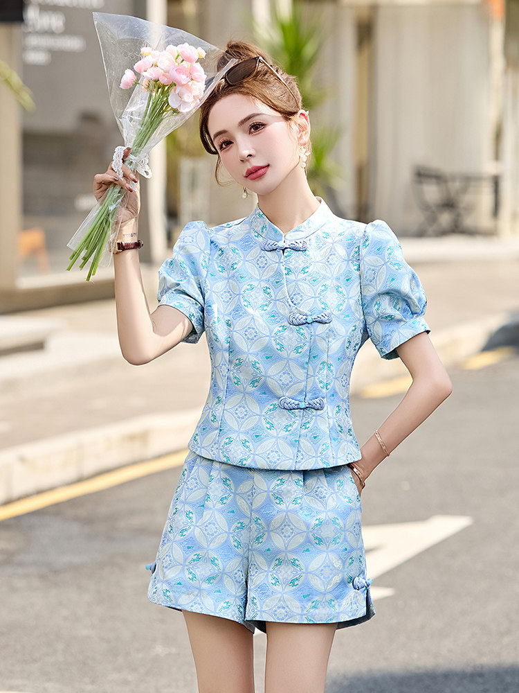 新中式国风提花套装女2025夏季新款提花盘扣小个子别致短裤两件套,女装套装/套裙,众宇琦