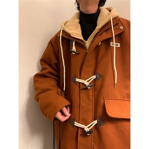 EQ160冬季呢大衣男假两件牛角扣撞色毛呢外套小众设计感棉衣P148