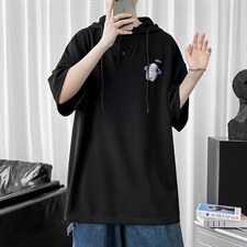 LD54167-P45连帽短袖t恤男大码胖子带帽五分袖中袖，男装T恤，电商A040