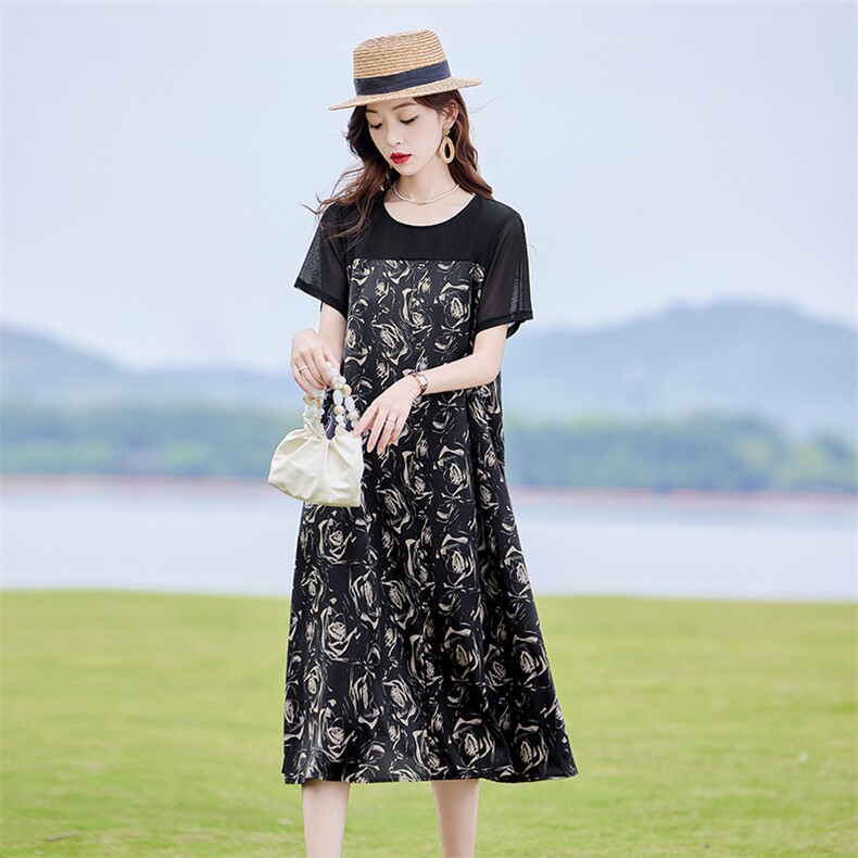 复古印花拼接连衣裙女2025夏新款时尚显瘦宽松休闲慵懒风T恤裙子，女装连衣裙，靓衣阁