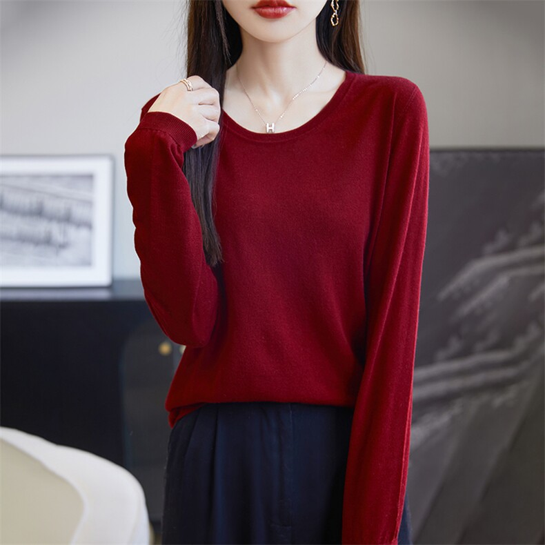 圆领长袖羊毛衫女薄款套头毛衣内搭打底针织衫上衣，女装羊毛衫，朝思羊绒