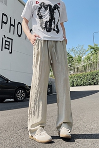 3015#-P45肌理感亚麻冰丝休闲裤男女夏季宽松速干直筒阔腿长裤图片