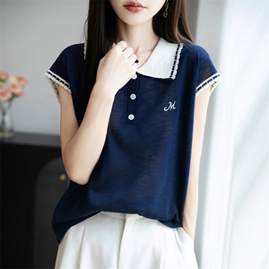 撞色翻领冰麻针织小飞袖T恤女2025夏薄Polo领上衣显瘦短袖t恤衫潮图片