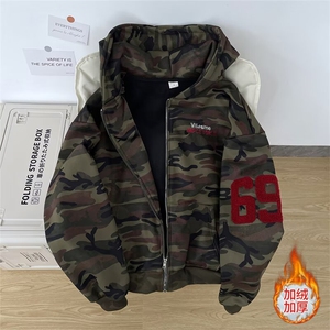 美式迷彩刺绣连帽卫衣男女冬加绒加厚保暖上衣情侣外套WJ96R P56图片