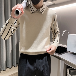 店主风小伙翻领假二件拼接针织长袖毛衣男打底衫301A-1/M60/P75图片