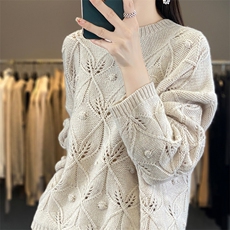 重工镂空钩花100%纯羊毛衫女圆领纯色长袖针织毛衣宽松羊绒打底衫，女装羊毛衫，琳华羊绒