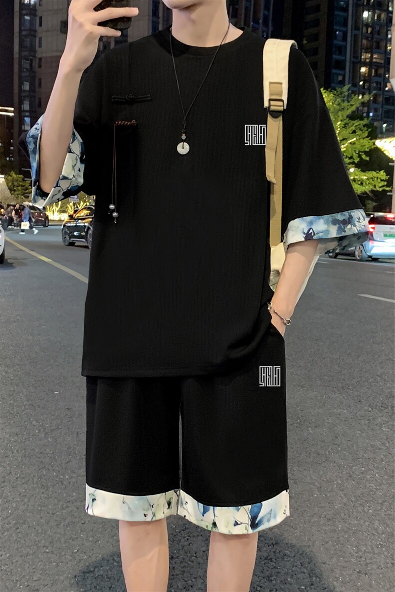 新中式风两件套夏季新中式禅意短袖t恤男套装A436-D223-P52,男装休闲套装,电商A436