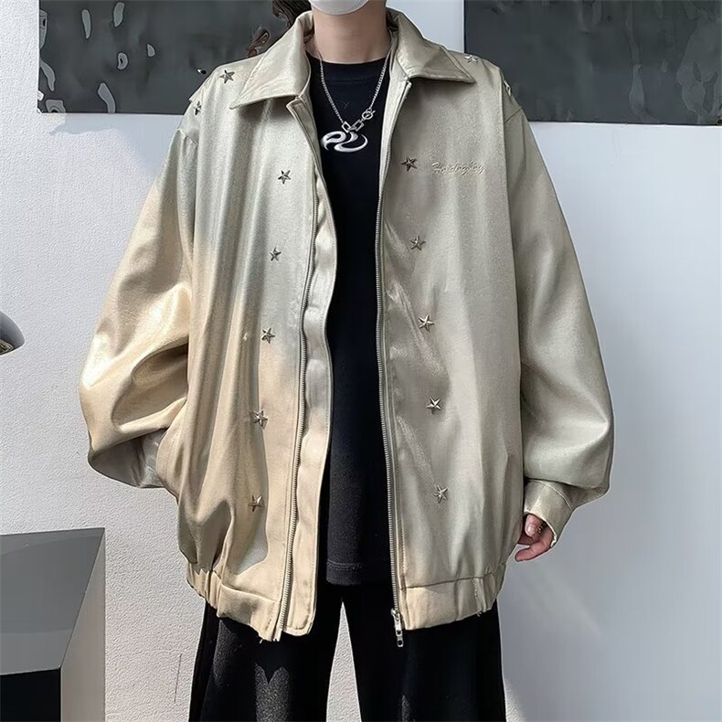 刺绣情侣夹克春秋季美式复古机车服外套男潮牌宽松设计感上衣,男装夹克,星座716-4