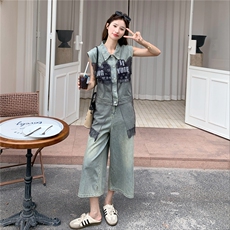蕾丝网纱拼接牛仔阔腿裤套装女夏ootd流行巨好看小众不撞款两件套，女装套装/套裙，2C135